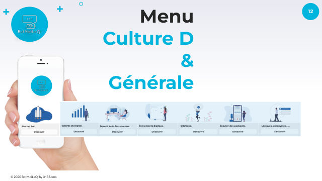Diapositive Menu Culture D et Générale : l'application BotMoiLeQi sur téléphone et ses modules