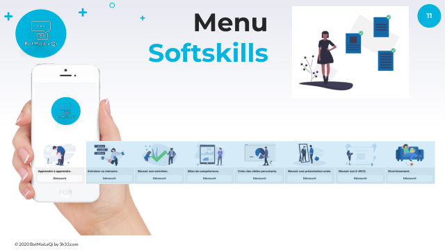 Diapositive Menu Softskills : l'application BotMoiLeQi sur téléphone et ses modules